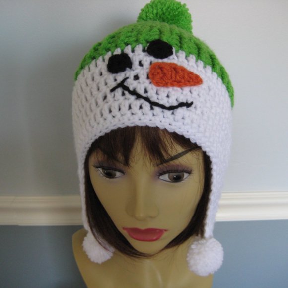 Let it Snow Beanie - Lime Green Unisex Teen / Adult Hand Knit Snowman Hat - SALE - Picture 3 of 7